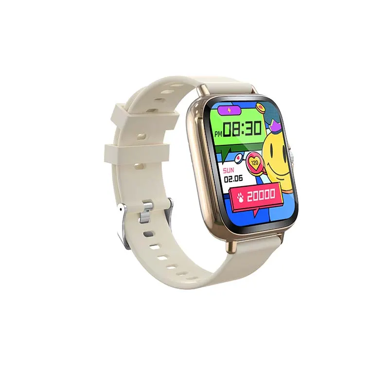 MYRYDER H13 smart watch, square gold case with a rotating silver crown and a cream silicone strap — 45-degree view with the cartoon dial showing 08:30 and 20,000 steps