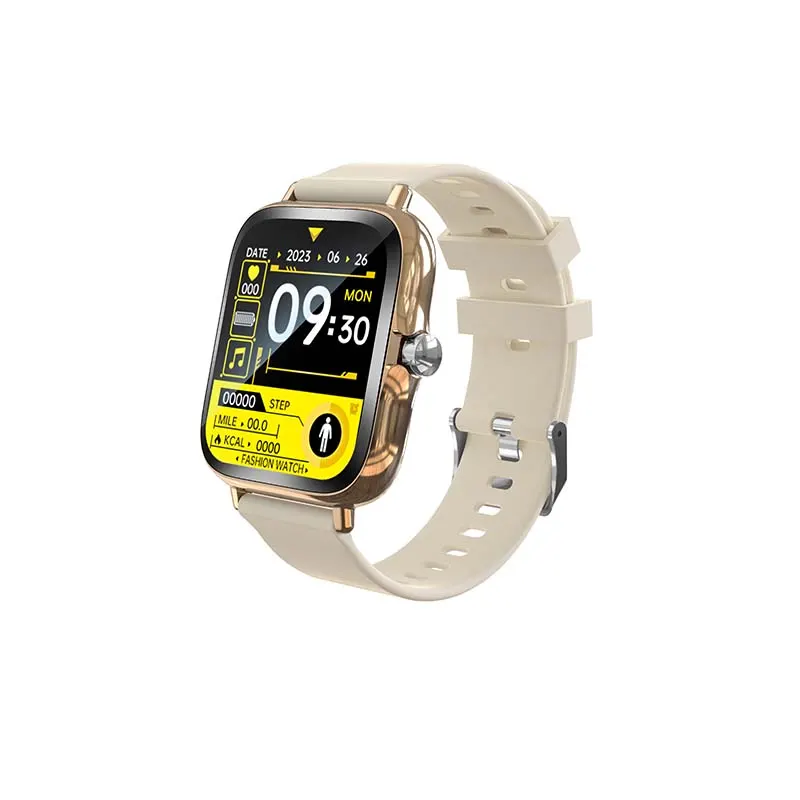 MYRYDER H13 smart watch, square gold case with a rotating silver crown and a cream silicone strap — 45-degree view with the yellow sport date dial