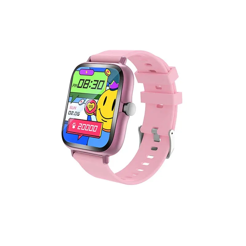 MYRYDER H13 smart watch, square pink case with a rotating silver crown and a pink silicone strap — 45-degree view with the cartoon dial showing 08:30 and 20,000 steps