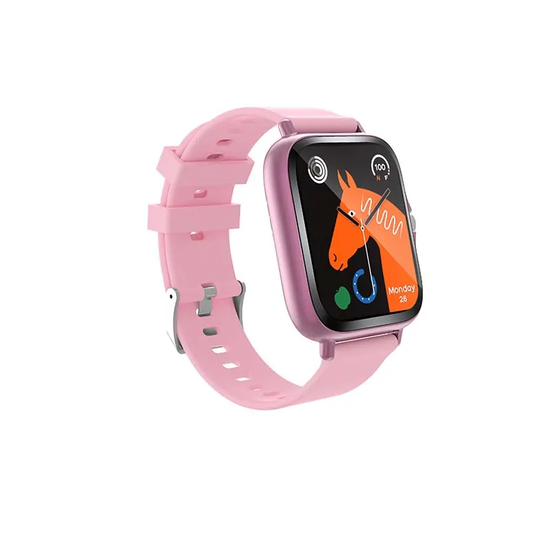 MYRYDER H13 smart watch, square pink case with a rotating silver crown and a pink silicone strap — 45-degree view with the orange horse dial