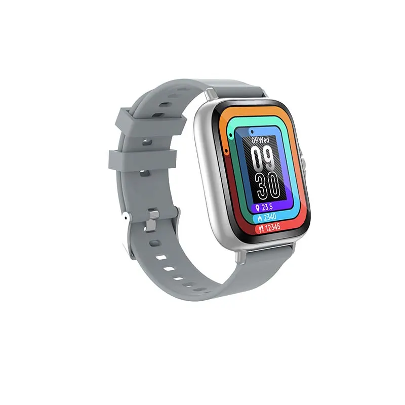 MYRYDER H13 smart watch, square silver case with a rotating silver crown and a grey silicone strap — 45-degree view showing the colour-ring activity dial