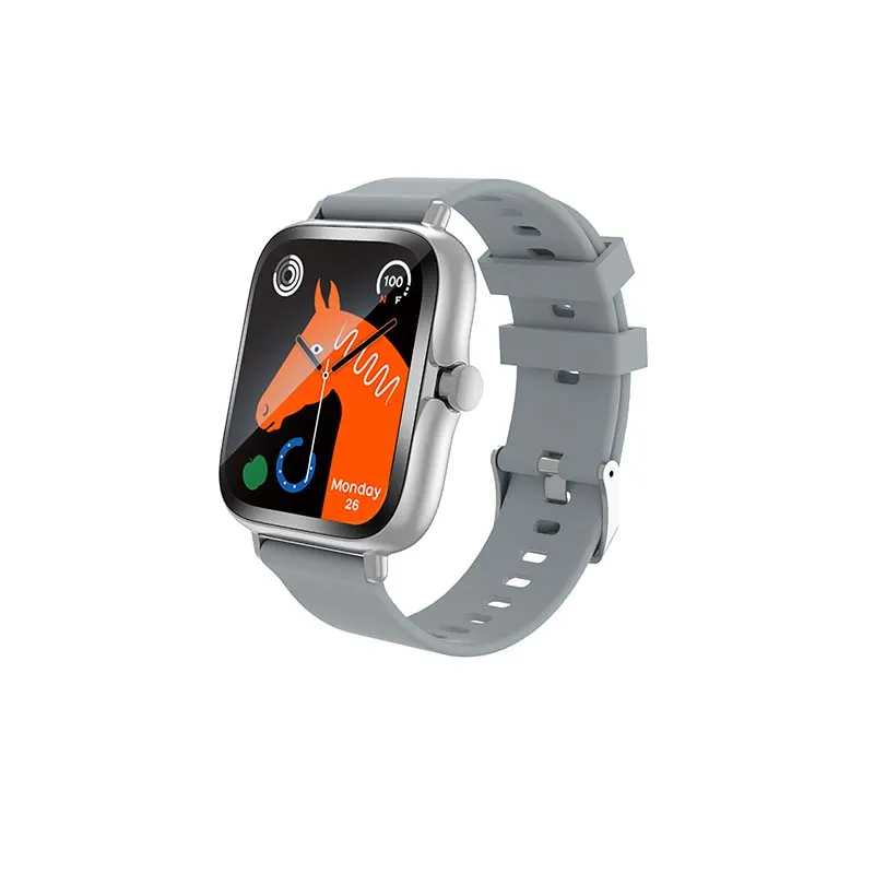 MYRYDER H13 smart watch, square silver case with a rotating silver crown and a grey silicone strap — 45-degree view with the orange horse dial