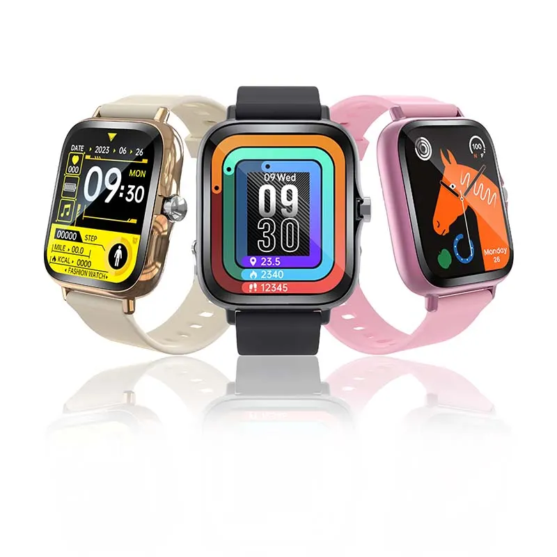MYRYDER H13 smart watches, square cases with rotating silver crowns and silicone straps — three-colour hero group in gold, black and pink