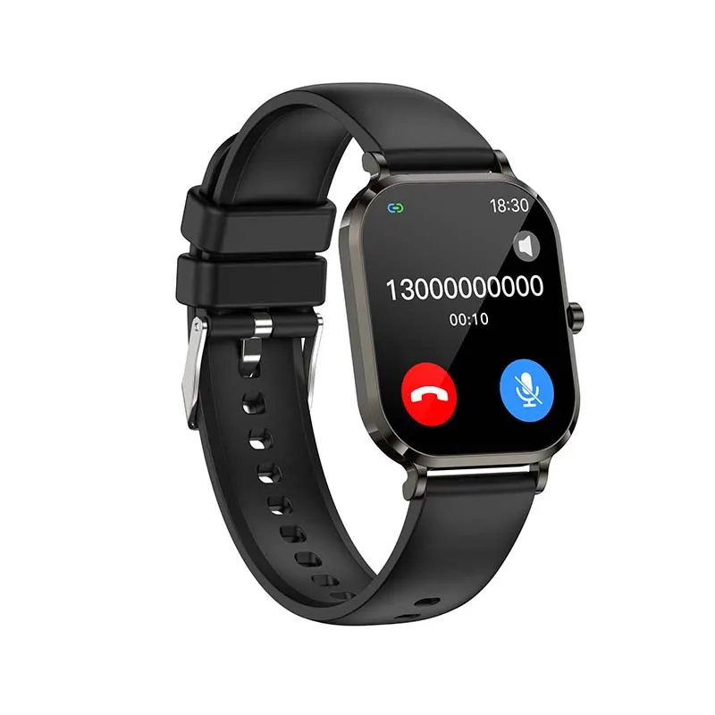 MYRYDER H15 smart watch, black titanium-finish case with a round crown button and a black silicone strap — 45-degree view of an incoming Bluetooth call on screen with answer and decline buttons