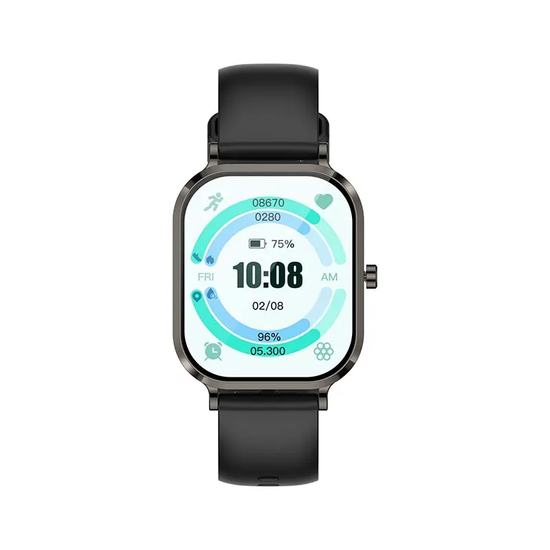 MYRYDER H15 smart watch, black titanium-finish case with a round crown button and a black silicone strap — front view with the activity-ring watch face showing 08670 steps, 75% battery and a 10:08 AM clock