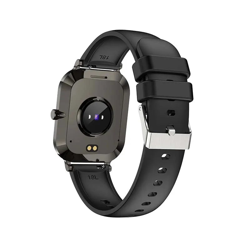 MYRYDER H15 smart watch, black titanium-finish case with a round crown button and a black silicone strap — rear view showing the optical heart-rate sensor and the two magnetic charging pins