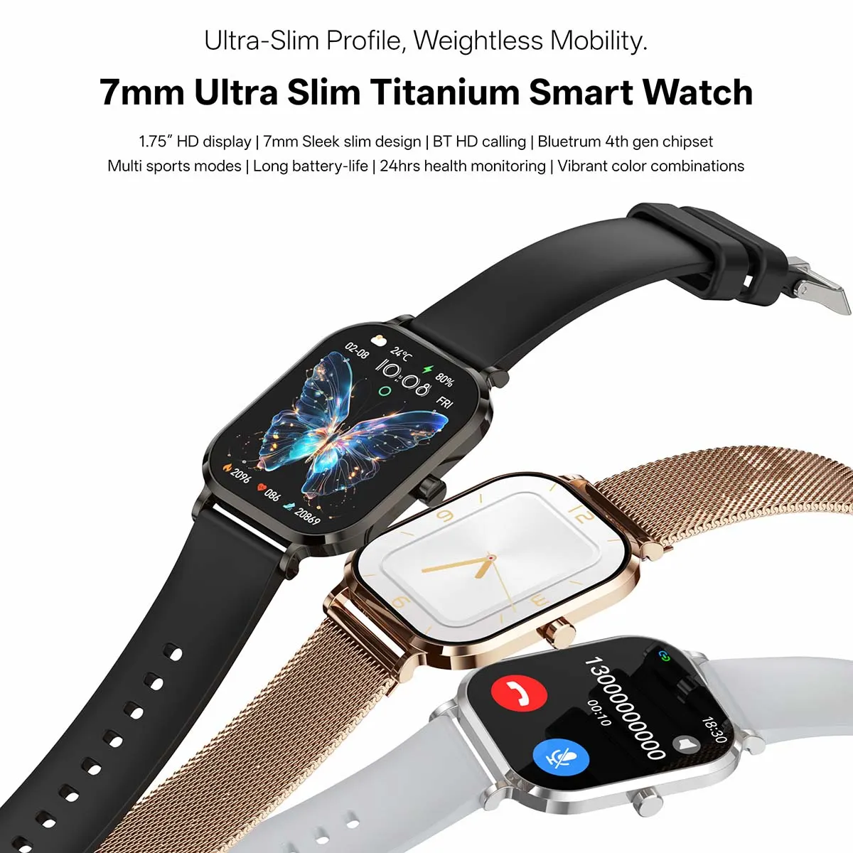 MYRYDER H15 smart watch detail: product banner headed "7mm Ultra Slim Titanium Smart Watch" over three watches, listing the 1.75-inch HD display, 7 mm sleek slim design, BT HD calling, Bluetrum 4th gen chipset, multi sports modes, long battery life, 24hrs health monitoring and vibrant colour combinations