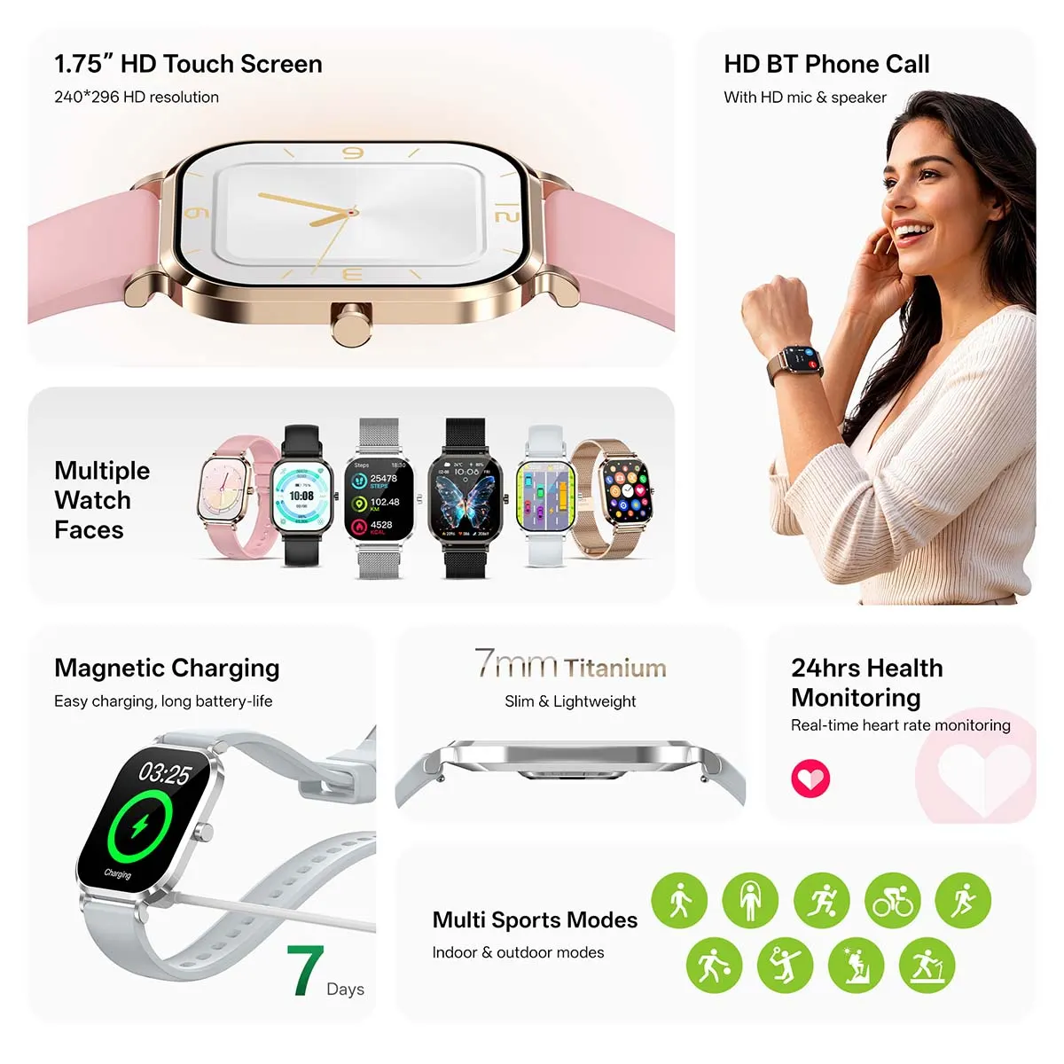 MYRYDER H15 smart watch detail: feature grid covering the 1.75-inch HD touch screen at 240*296, HD BT phone call with HD mic and speaker, multiple watch faces, magnetic charging with 7 days of battery life, the 7 mm titanium slim case, 24hrs health monitoring and multi sports modes