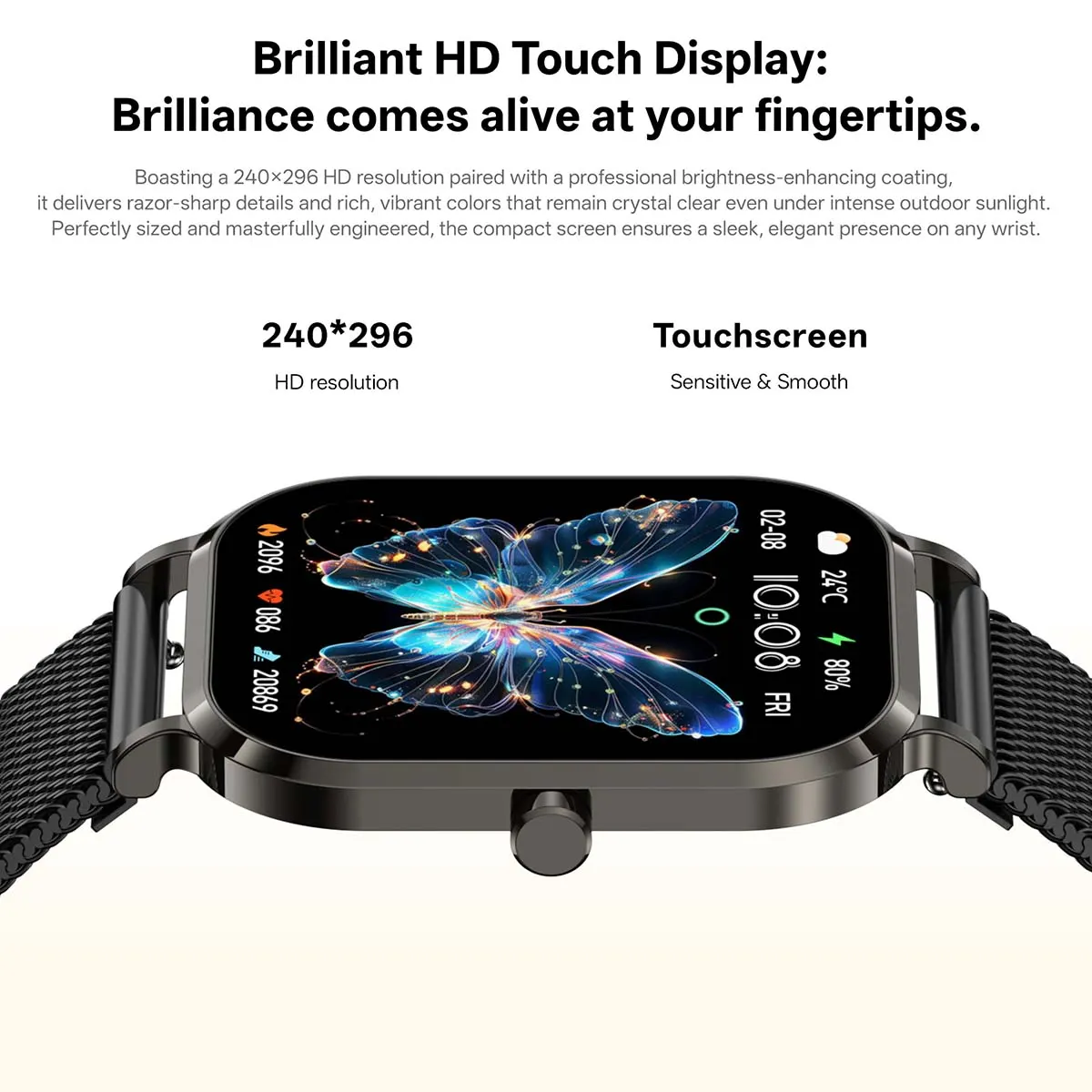 MYRYDER H15 smart watch detail: graphic headed "Brilliant HD Touch Display" showing the 240*296 HD resolution panel edge-on with the butterfly watch face and 20869 steps