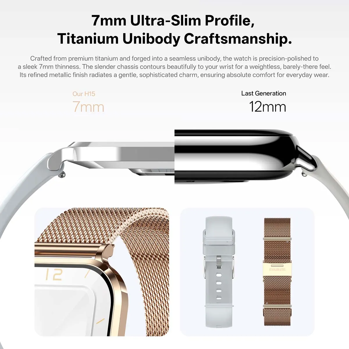MYRYDER H15 smart watch detail: graphic headed "7mm Ultra-Slim Profile, Titanium Unibody Craftsmanship" comparing the 7 mm H15 case against a 12 mm last-generation case, with close-ups of the rose-gold mesh strap and the two strap options