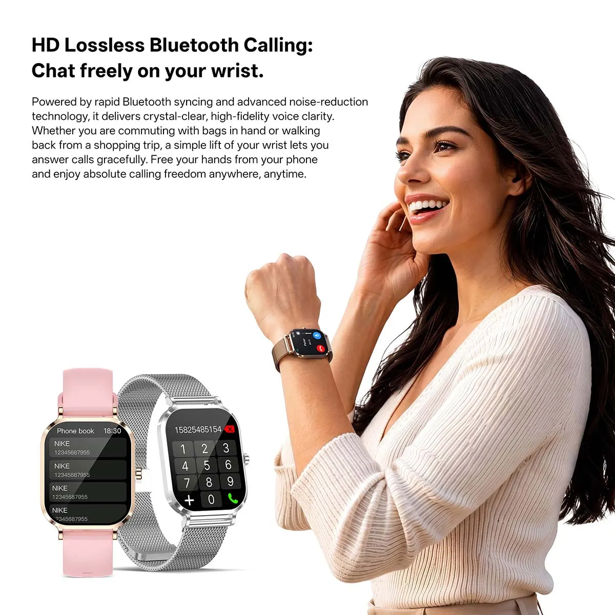 MYRYDER H15 smart watch detail: graphic headed "HD Lossless Bluetooth Calling" with a wearer taking a call plus on-watch phone book and dial pad screens
