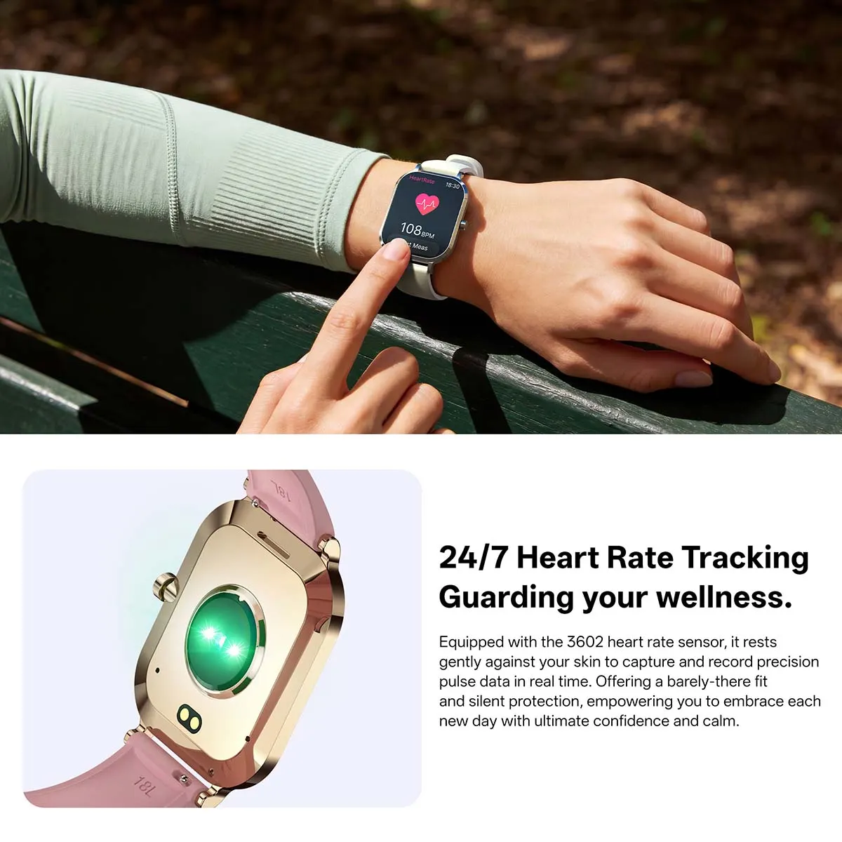 MYRYDER H15 smart watch detail: graphic headed "24/7 Heart Rate Tracking" with a 108 BPM watch screen and a close-up of the glowing green 3602 heart-rate sensor on the gold case back