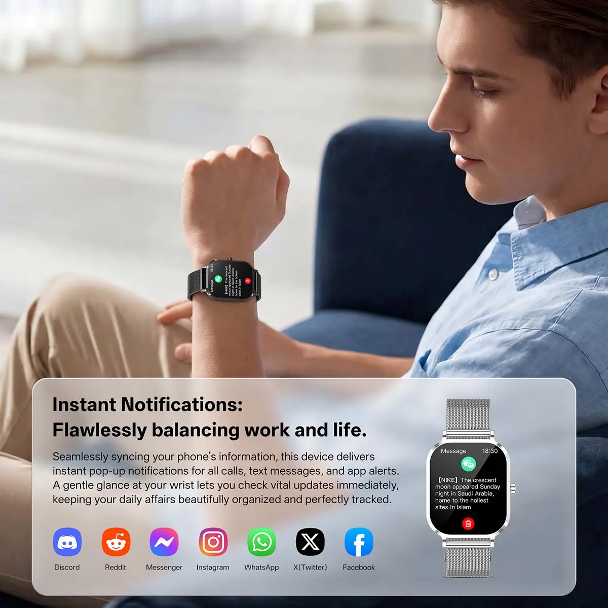 MYRYDER H15 smart watch detail: graphic headed "Instant Notifications" with a message popping up on a mesh-strapped watch and the app icons Discord, Reddit, Messenger, Instagram, WhatsApp, X (Twitter) and Facebook