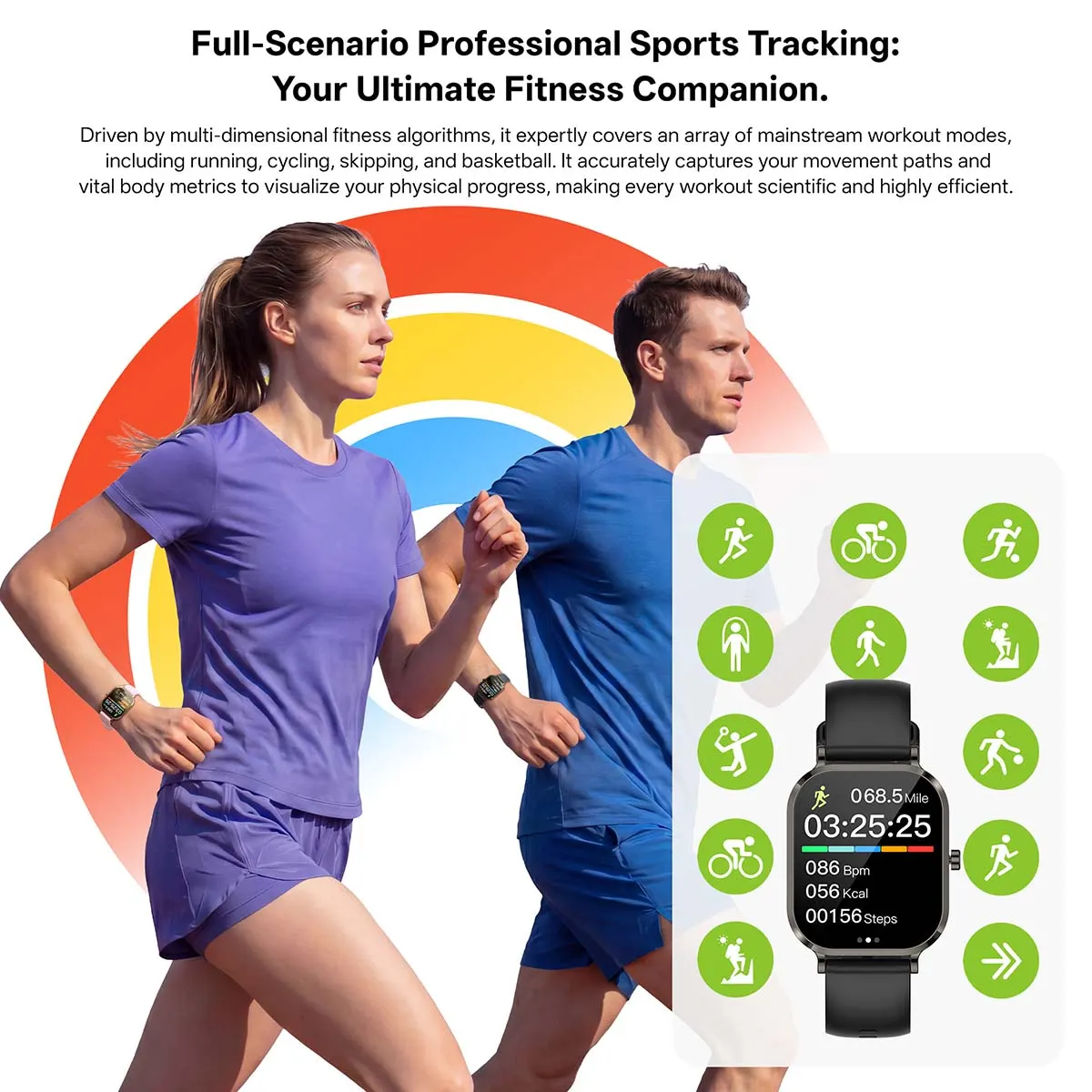 MYRYDER H15 smart watch detail: graphic headed "Full-Scenario Professional Sports Tracking" over a running photo with nine sport-mode icons and a workout screen reading 068.5 Mile, 086 Bpm and 00156 Steps