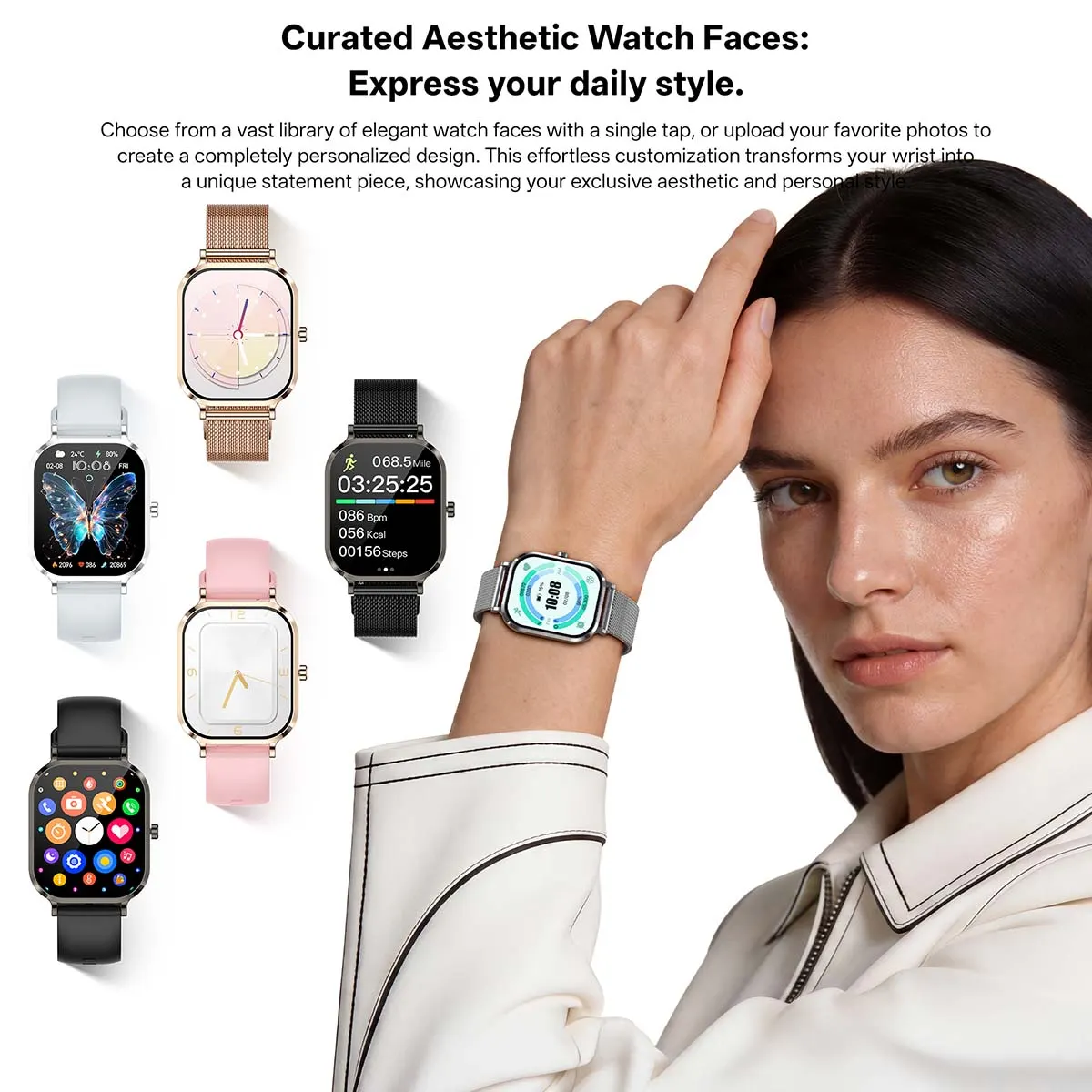 MYRYDER H15 smart watch detail: graphic headed "Curated Aesthetic Watch Faces" showing six H15 variants wearing different dials around a model portrait