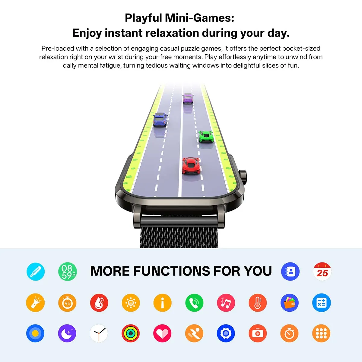 MYRYDER H15 smart watch detail: graphic headed "Playful Mini-Games" showing the car racing game on a black mesh-strapped watch, plus a "More functions for you" icon grid