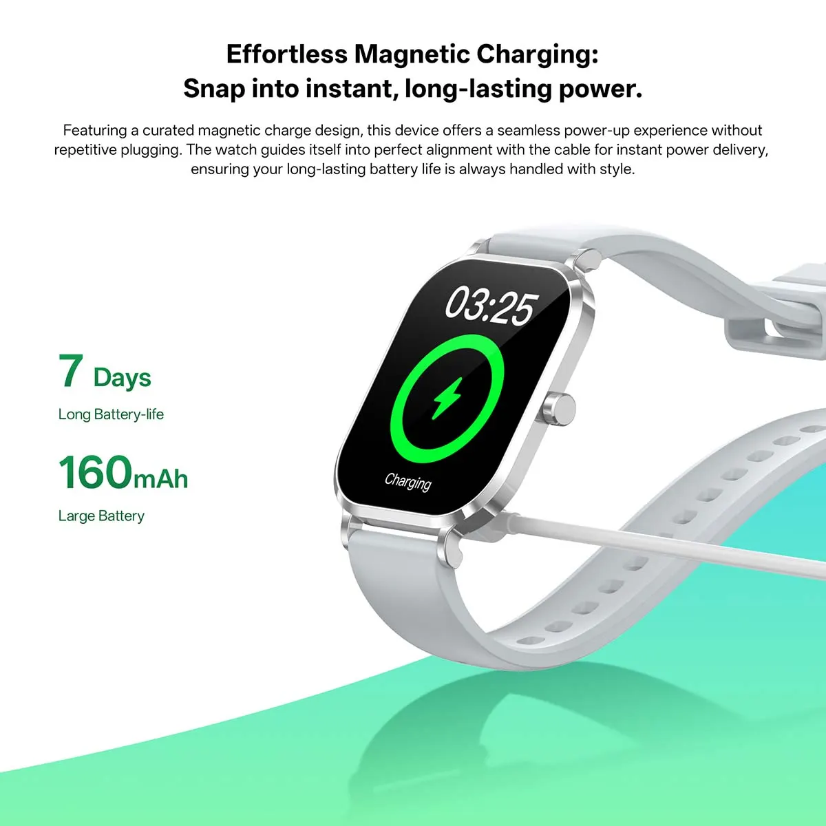 MYRYDER H15 smart watch detail: graphic headed "Effortless Magnetic Charging" with a charging screen on the watch, a magnetic cable and the figures 7 Days long battery life and 160 mAh large battery