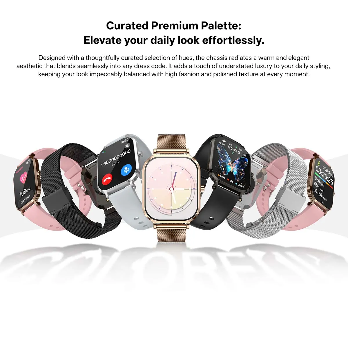 MYRYDER H15 smart watch detail: graphic headed "Curated Premium Palette" showing the six colour and strap combinations fanned out, with the word H15 reflected below