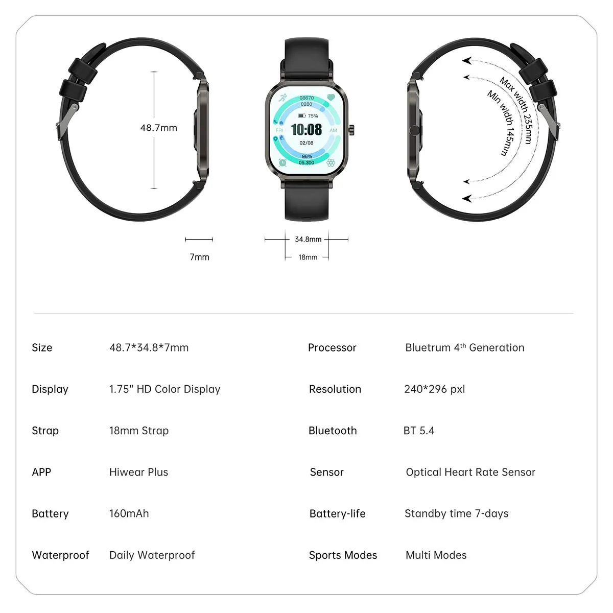 MYRYDER H15 smart watch detail: specification sheet with dimension drawings - 48.7 mm case height, 34.8 mm width, 7 mm thickness, 18 mm strap, 145-235 mm wrist - and the parameter table: 48.7*34.8*7 mm, 1.75-inch HD colour display, 240*296 pxl, BT 5.4, Hiwear Plus, optical heart-rate sensor, 160 mAh, 7-day standby, daily waterproof