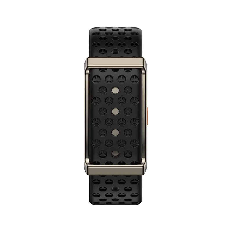 MYRYDER M11 screen-free fitness band, dark gunmetal alloy-framed case with an orange side button and a black perforated silicone strap — front view of the screen-free textured module face and the slim case profile