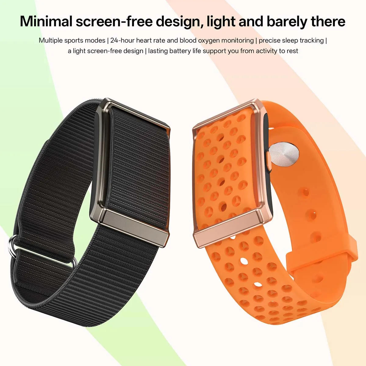 MYRYDER M11 and M12 screen-free fitness band overview: a black woven nylon band and an orange perforated silicone band side by side under the headline "Minimal screen-free design, light and barely there"