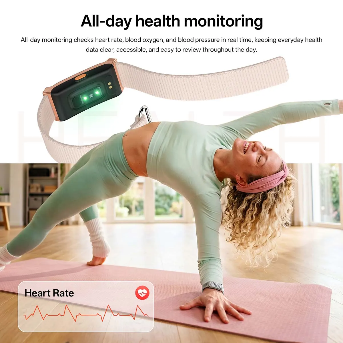 MYRYDER M11 and M12 all-day health monitoring: the rear sensor pod with green heart-rate LEDs and a heart-rate waveform card, worn during a yoga stretch