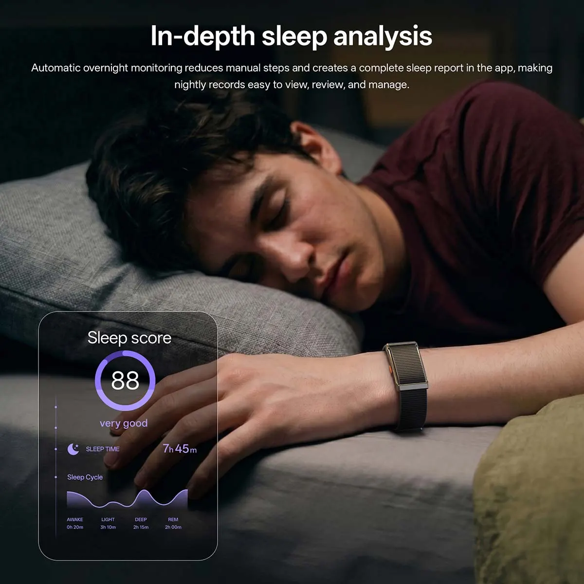 MYRYDER M11 and M12 in-depth sleep analysis: a sleep score of 88, 7 h 45 m sleep time and awake, light, deep and REM stage breakdown in the app