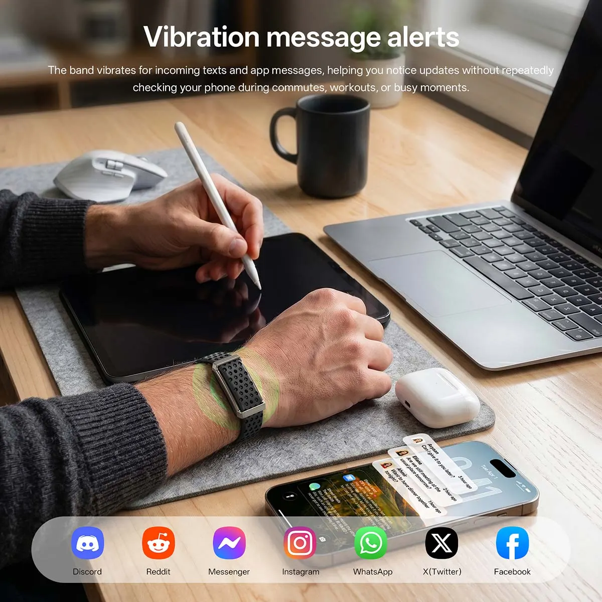 MYRYDER M11 and M12 vibration message alerts: the band vibrating on the wrist while Discord, Reddit, Messenger, Instagram, WhatsApp, X and Facebook notifications stack up on the phone