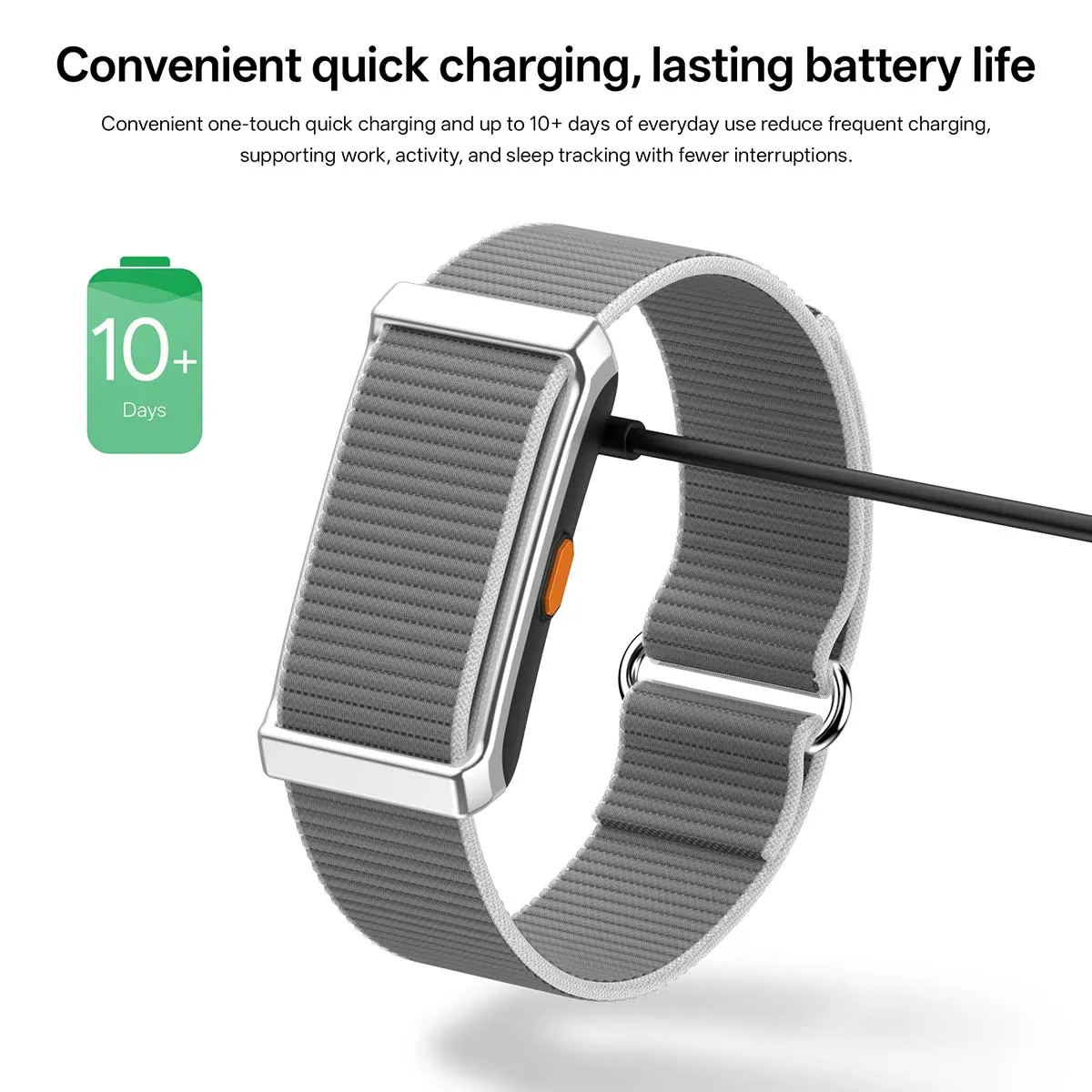 MYRYDER M11 and M12 magnetic quick charging: the charging cable attached to the module beside a 10+ days battery badge