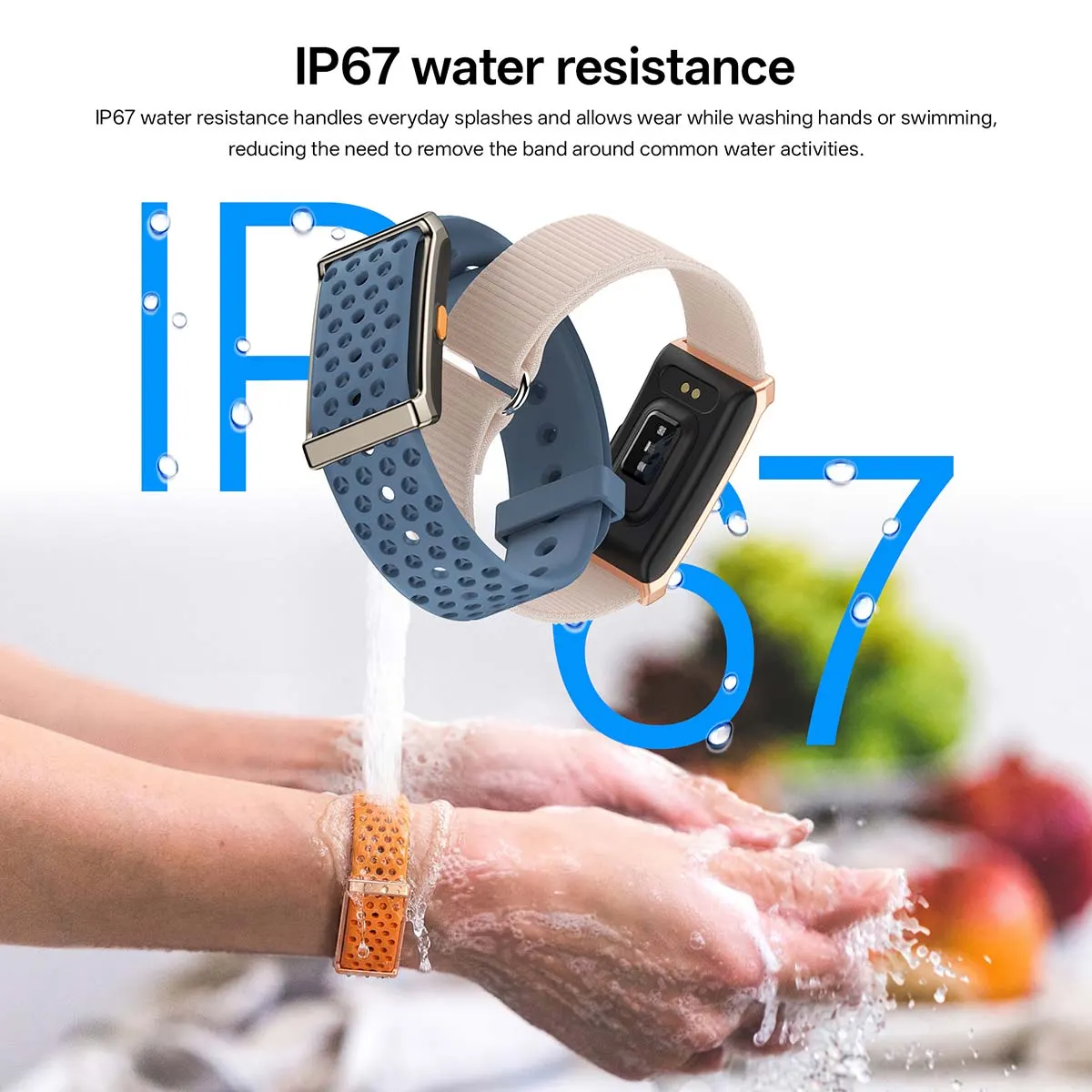 MYRYDER M11 and M12 IP67 water resistance: bands under a running tap while washing hands, with the letters IP67 behind