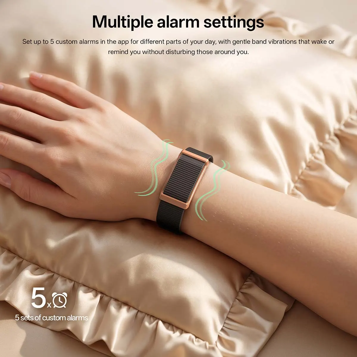 MYRYDER M11 and M12 multiple alarm settings: 5 sets of custom alarms with gentle vibration shown on a sleeping wrist