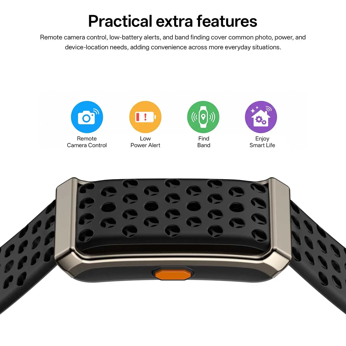 MYRYDER M11 and M12 practical extra features: remote camera control, low-power alert, find band and smart-life icons above a close-up of the perforated silicone band and orange side button