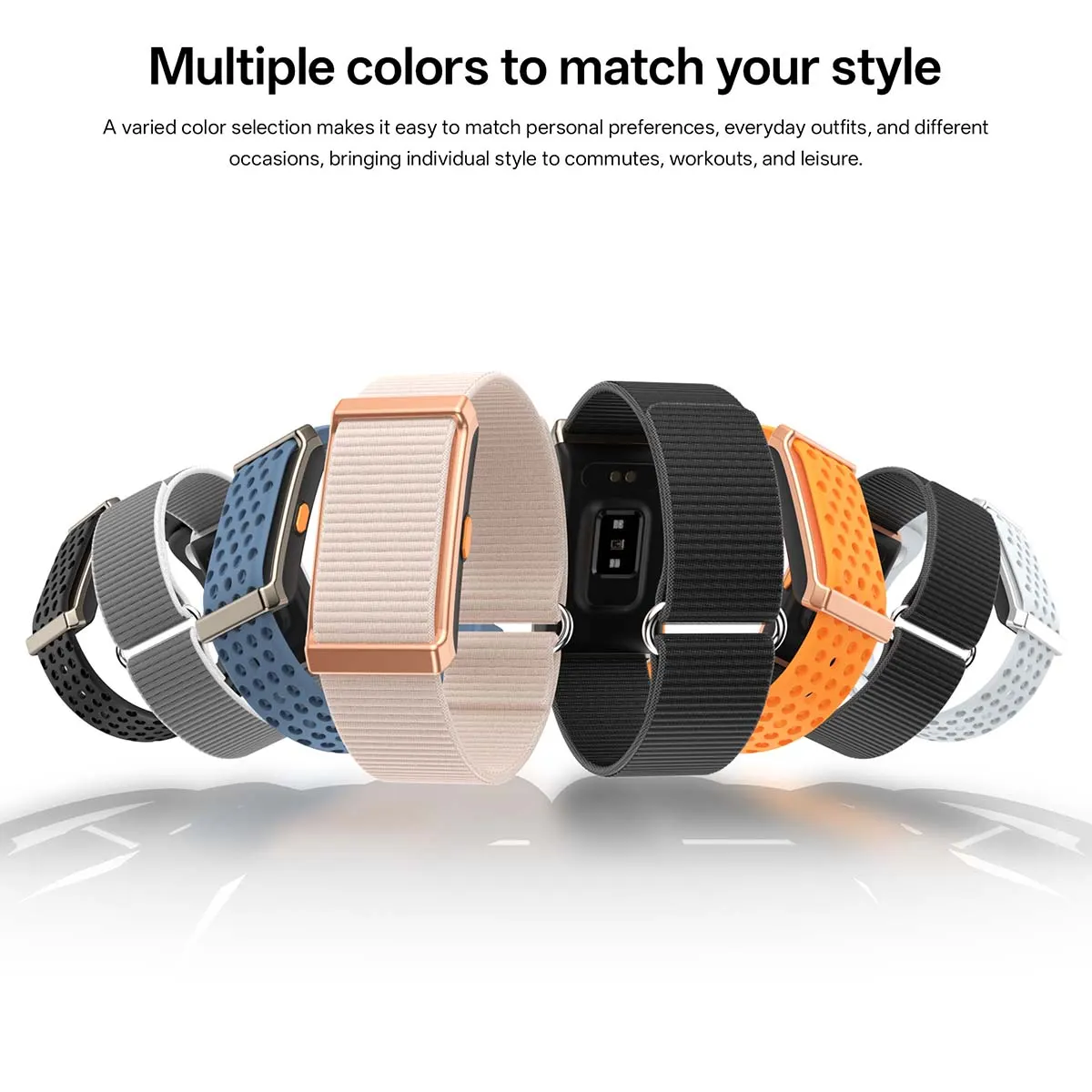 MYRYDER M11 and M12 multiple colours: eight bands lined up in black, blue, orange, pink, silver and grey perforated silicone and woven nylon, on dark, rose-gold and silver frames
