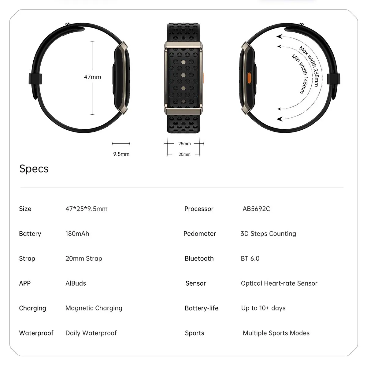 MYRYDER M11 and M12 specification table: 47 × 25 × 9.5 mm case, 180 mAh battery, 20 mm strap, AIBuds app, AB5692C processor, Bluetooth 6.0, magnetic charging, daily waterproof, 3D step counting and up to 10+ days battery life