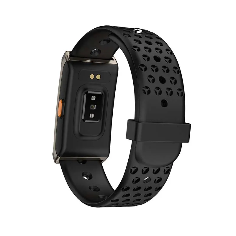 MYRYDER M12 screen-free fitness band, dark gunmetal alloy-framed case with an orange side button and a black perforated silicone strap — rear view showing the infrared sensor, the heart-rate and blood-oxygen sensor window and the two gold magnetic charging pins