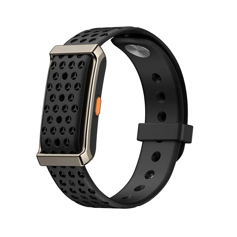 MYRYDER M12 screen-free fitness band, dark gunmetal alloy-framed case with an orange side button and a black perforated silicone strap — three-quarter hero view with the band looped