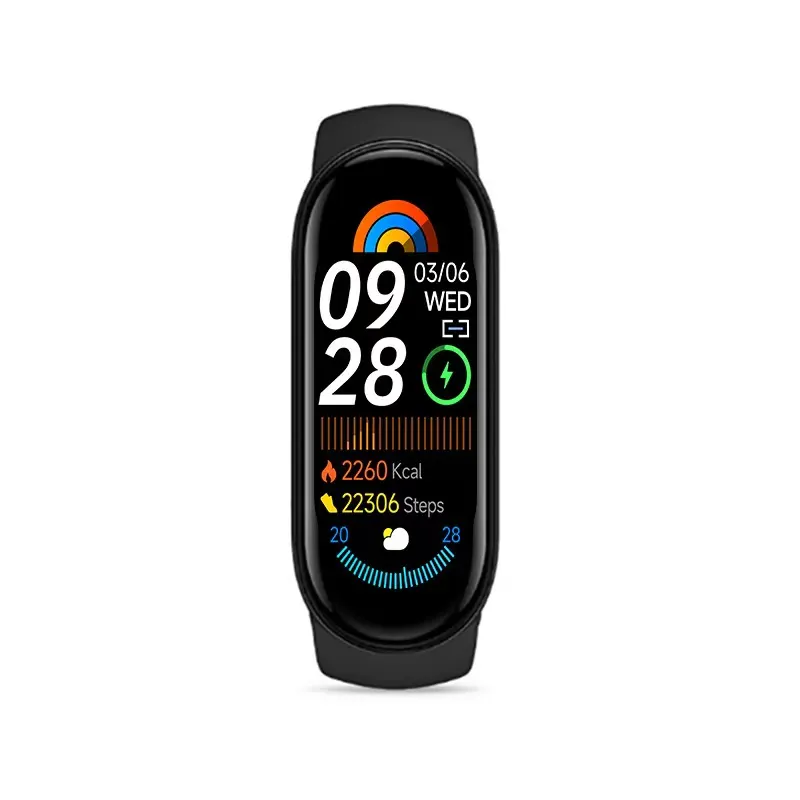 MYRYDER M9 fitness band, black capsule case with a glossy black bezel and a black silicone strap with a press-stud closure — front view showing the 09:28 stats dial with 22,306 steps and 2,260 Kcal