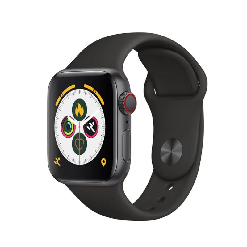 MYRYDER T500 smart watch, gloss-black square-face case with a red-ringed digital crown and a black silicone strap with a metal pin buckle — three-quarter view showing the activity-rings watch face