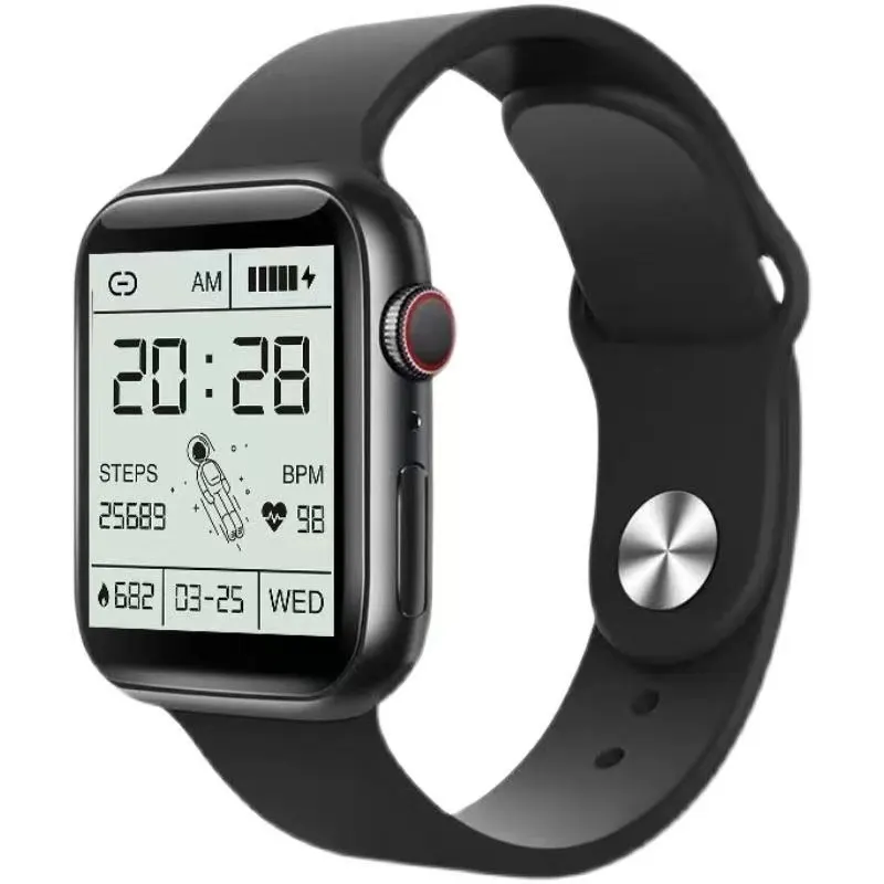 MYRYDER T500 smart watch, gloss-black square-face case with a red-ringed digital crown and a black silicone strap with a metal pin buckle — front view showing the digital face with 20:28, 25,689 steps, 98 BPM and 682 kcal