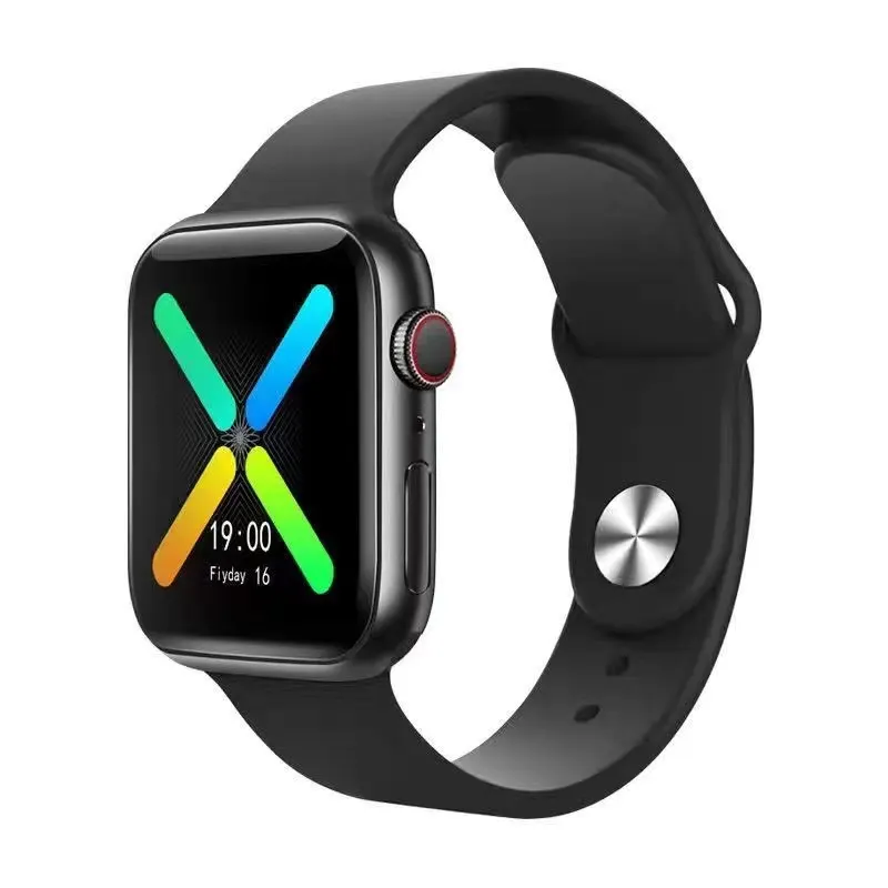 MYRYDER T500 smart watch, gloss-black square-face case with a red-ringed digital crown and a black silicone strap with a metal pin buckle — front three-quarter view showing the colourful X watch face with 19:00 and Friday 16