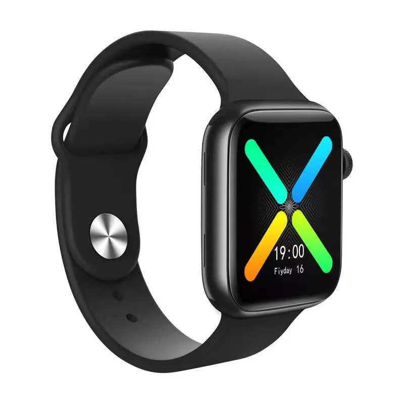 MYRYDER T500 smart watch, gloss-black square-face case with a red-ringed digital crown and a black silicone strap with a metal pin buckle — rear three-quarter view showing the strap closure and the colourful X watch face