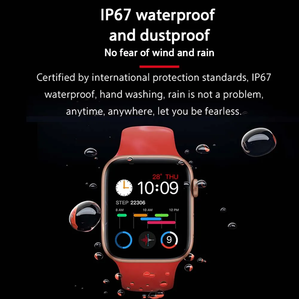 MYRYDER T500 smart watch infographic for IP67 waterproof and dustproof protection, shown with water droplets and the headline no fear of wind and rain