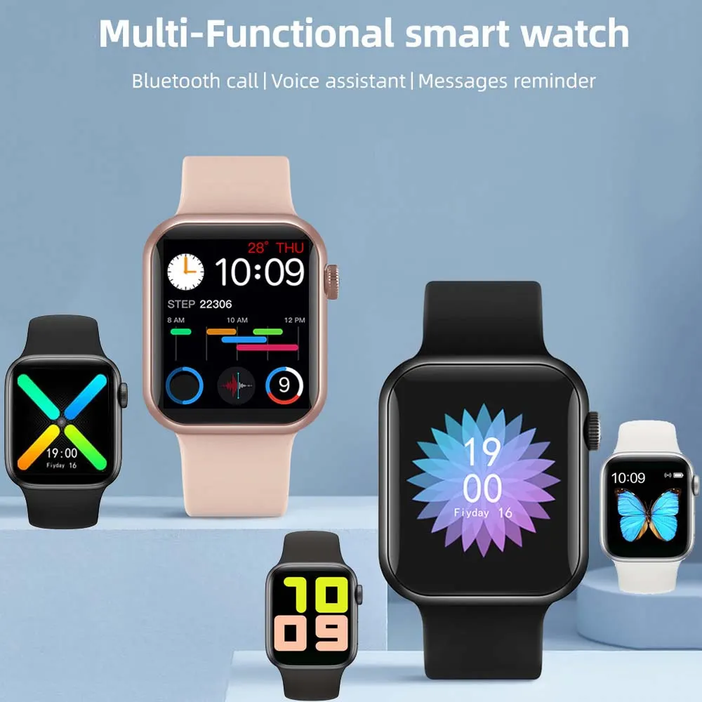 MYRYDER T500 smart watch infographic titled multi-functional smart watch, listing Bluetooth call, voice assistant and messages reminder across five watch-and-strap combinations