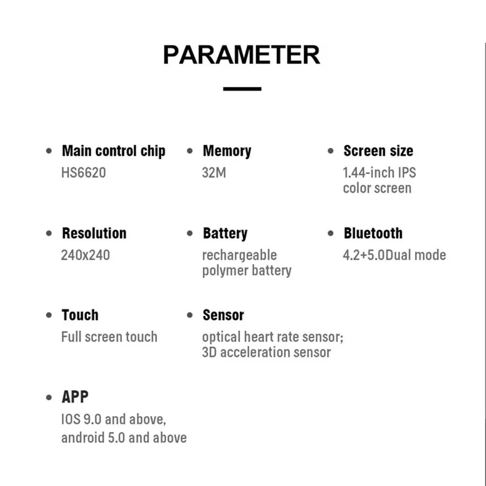 MYRYDER T500 parameter specification table listing the HS6620 main control chip, 32M memory, 1.44-inch IPS screen, 240 × 240 resolution, polymer battery, Bluetooth 4.2 + 5.0, touch, sensors and app support