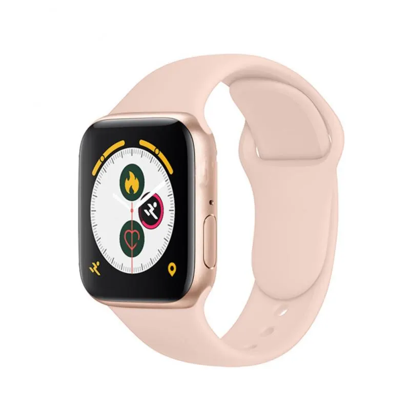 MYRYDER T500 smart watch, rose-gold square-face case with a polished bezel and a pink silicone strap with a metal pin buckle — three-quarter view showing the activity-rings watch face