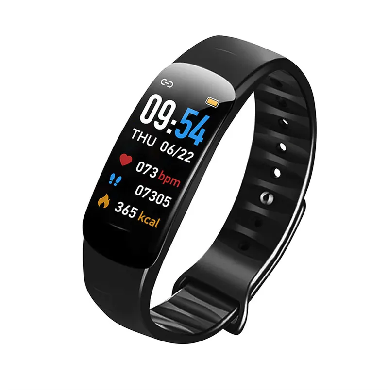 MYRYDER C1Plus smart bracelet black colour option, black fitness band with 0.96-inch colour screen showing time, heart rate, step count and calories
