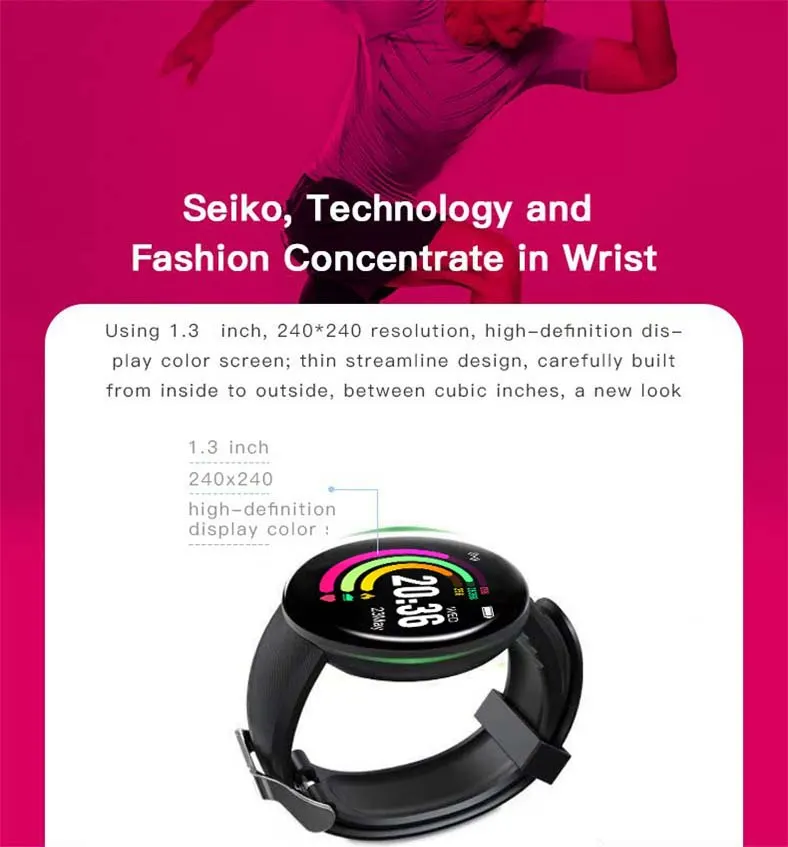 MYRYDER D18 infographic for the 1.3-inch 240×240 high-definition colour display and its thin streamline design