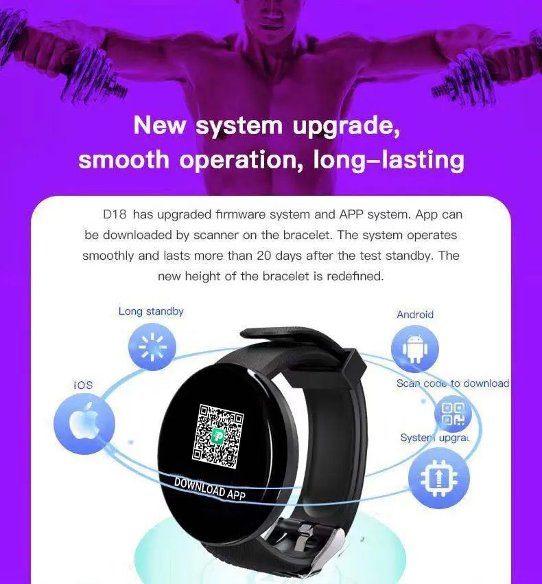 MYRYDER D18 infographic for the upgraded firmware and app system, QR-code app download for iOS and Android, and more than 20 days of standby