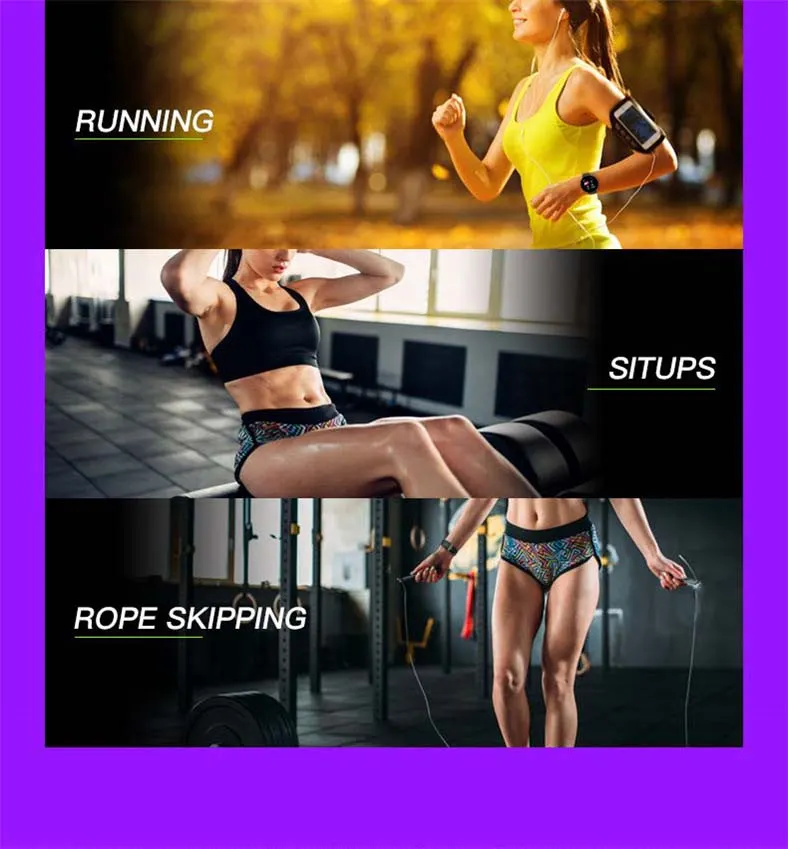 MYRYDER D18 sport-mode infographic showing running, sit-ups and rope skipping
