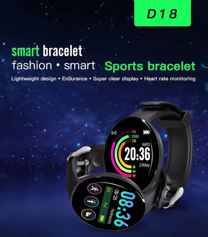 MYRYDER D18 smart bracelet overview banner — a lightweight round colour-screen sports bracelet with a super-clear display and heart-rate monitoring